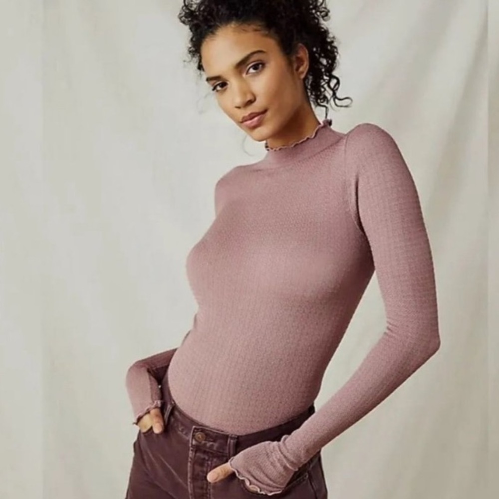 Free People Mara Mock Neck Bodysuit long sleeves lettuce edges trim Size M/L